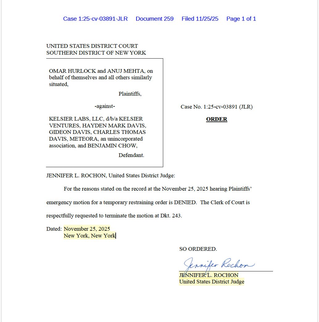 Caso $LIBRA: Copio abajo el fallo de la jueza Rochon que formaliza su decisión de rechazar, tras la audiencia de ayer, la última moción de los demandantes para restringir maniobras de Hayden Davis que supuestamente perseguirían ocultar sus ganancias de la operación.