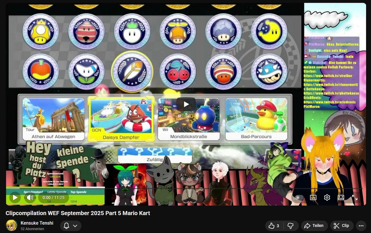So Leute heute kam von dem <a href="/Wolfentenevents/">Wolfsenten-Events</a>  den Nächsten Part raus 
 Clipcompilation WEF September 2025 Part 5 Mario Kart Part 1🦆
Collab Partner waren:
<a href="/bladbodi/">Blädbodi</a>  <a href="/riguarmortis/">Mortis</a>  <a href="/eric_drevis/">Eric Drevis</a> @/Draconius <a href="/RetroLena16/">RetroLena16</a> <a href="/DerMartas/">DerMartas</a>   <a href="/GHETTOKAESE/">GHETTOKAESE</a>  <a href="/strolbor_0/">Strolbor🎣🗡️</a> 
Viel spaß
Video⬇️