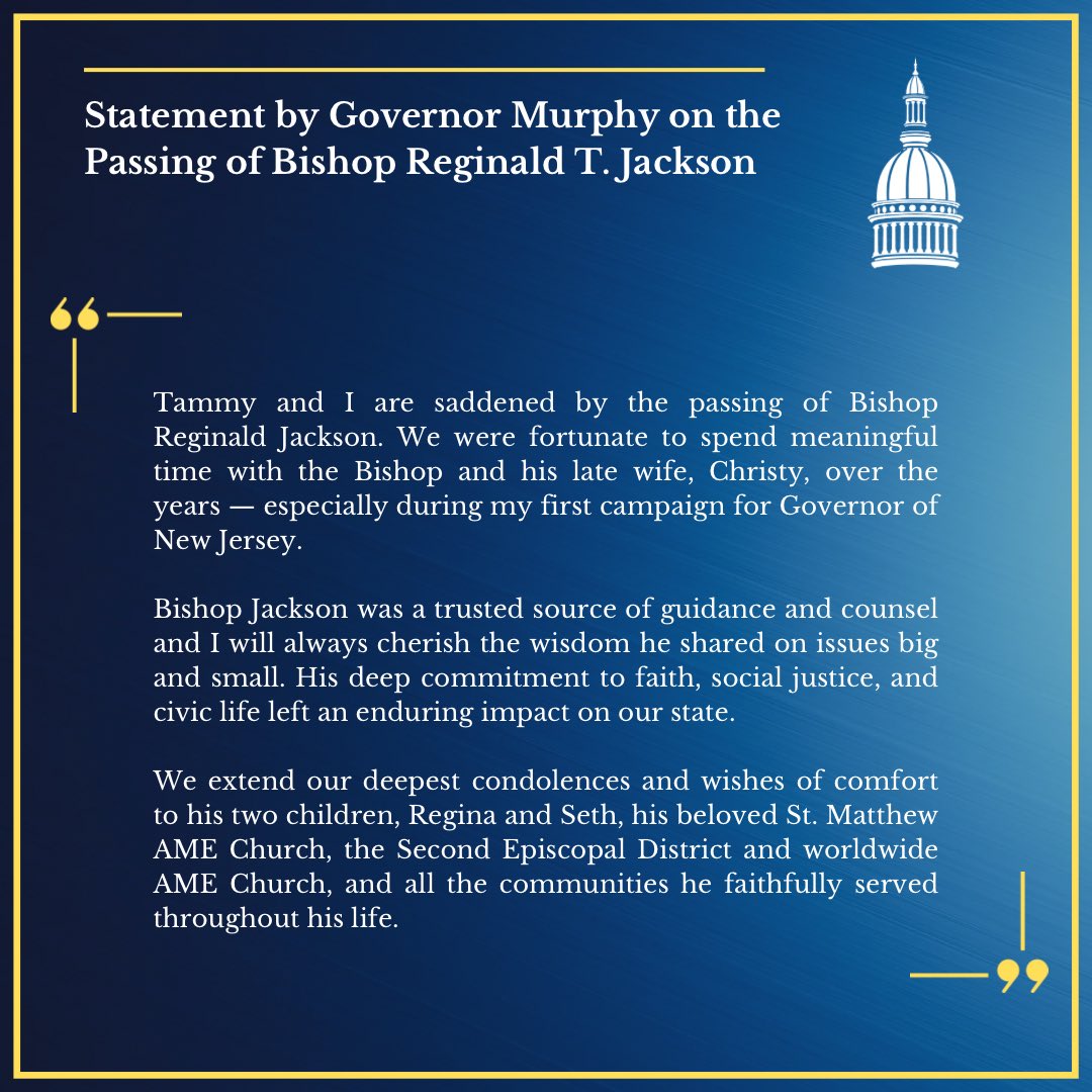 GovMurphy's tweet photo. Tammy and I are saddened by the passing of Bishop Reginald Jackson.

We extend our deepest condolences and wishes of comfort to his two children, Regina and Seth, and all the communities he faithfully served throughout his life. https://t.co/Xqi72hqLgg