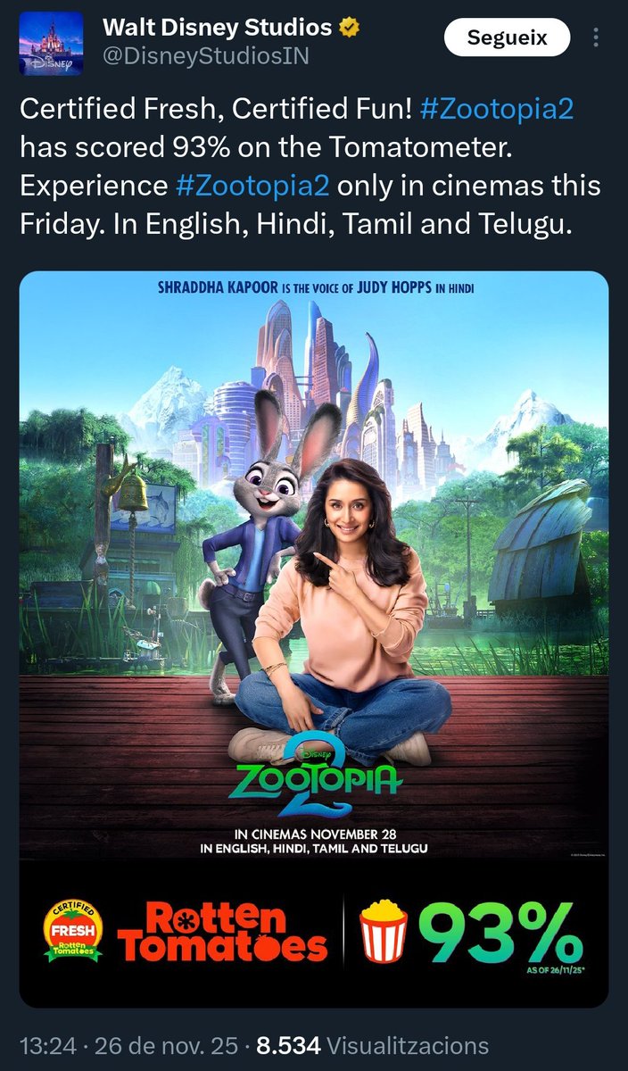 A l'Índia, Disney no amaga les llengües. <a href="/DisneyStudiosIN/">Walt Disney Studios</a> promociona les seves pel·lícules "In English, Hindi, Tamil and Telugu". No costa tant, <a href="/DisneySpain/">Disney España</a>.