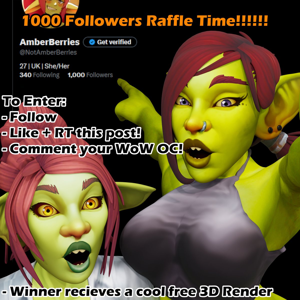 NotAmberBerries's tweet image. 1K FOLLOWER RAFFLE!!!

Winner will be drawn on the 12th of December!!!

Get a cool 3D render of your WoW OC doing stuff