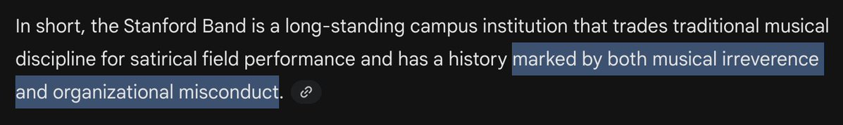 jedc's tweet image. I went to a Stanford volleyball game recently, where the Stanford Band had a small group playing.  When I asked Gemini for more info on the Stanford Band, this was the final paragraph. 🤣🤣🤣