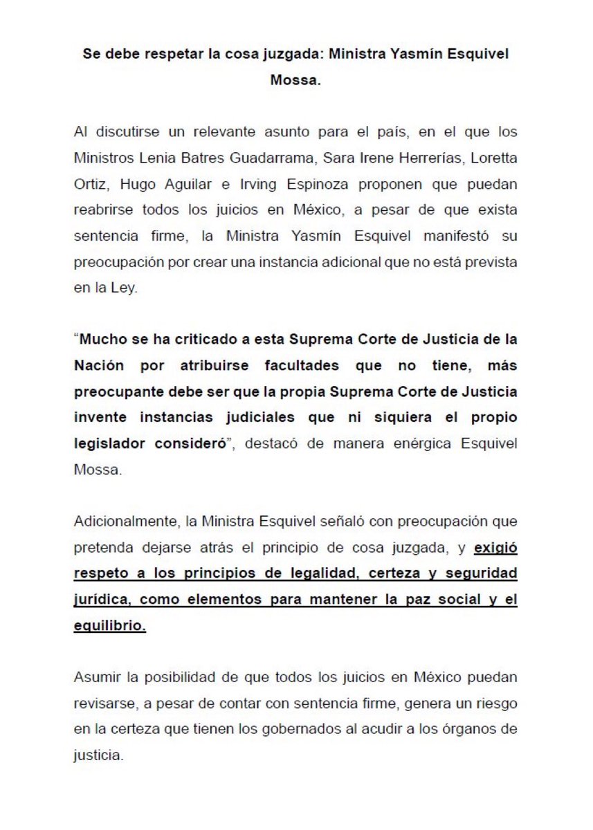 LauraBruges's tweet image. 😱Golpe al Estado de derecho: ministros proponen reabrir todo… y hasta Yasmín Esquivel lo denuncia 

Se trata del bloque de ministros Lenia Batres, Sara Irene Herrerías, Loretta Ortiz, Hugo Aguilar e Irving Espinoza quienes plantean que cualquier juicio en México pueda…