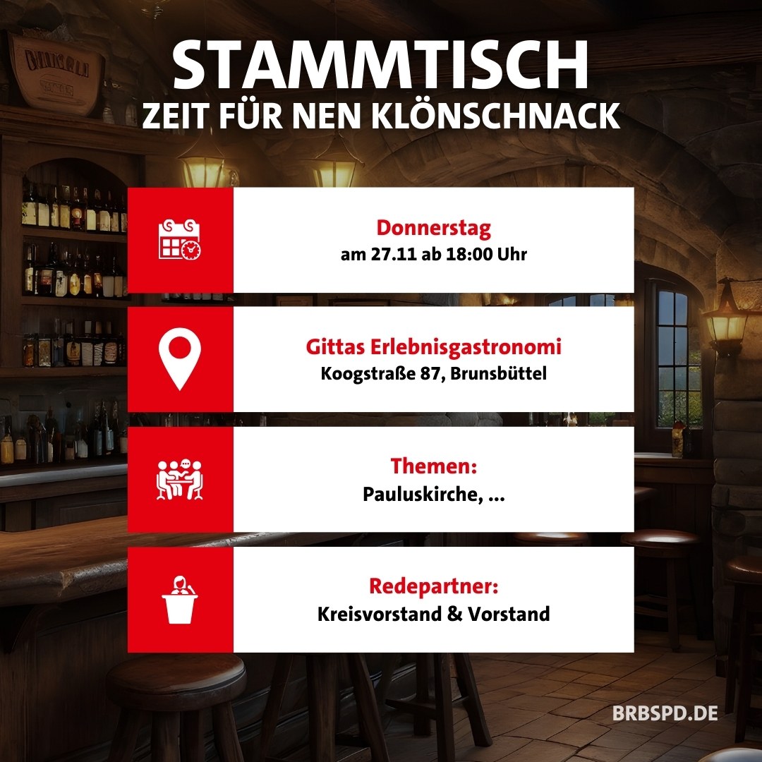⏰ Heute (#Donnerstag den 27.11) ist es zum letzten mal in diesem Jahr wieder soweit: Wir treffen uns ab 18:00 Uhr zum monatlichen #Stammtisch der #SPD #Brunsbüttel, wieder bei Gittas Erlebnisgastronomie in der Koogstraße.

🫵 Es wird spannend, wir freuen uns auf euch!