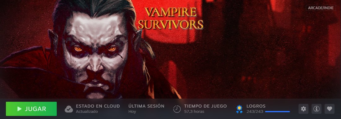 🦇🦇 Acabado al 100% por fin el Vampire Survivors (con todos los logros internos). Mira que me gustan estos juegos tan simples, y hasta que no he sacado todo no he parado casi. A esperar próximas actualizaciones. Toca añadir que el DLC de Oda a Castlevania ha sido brutal🙃🙃