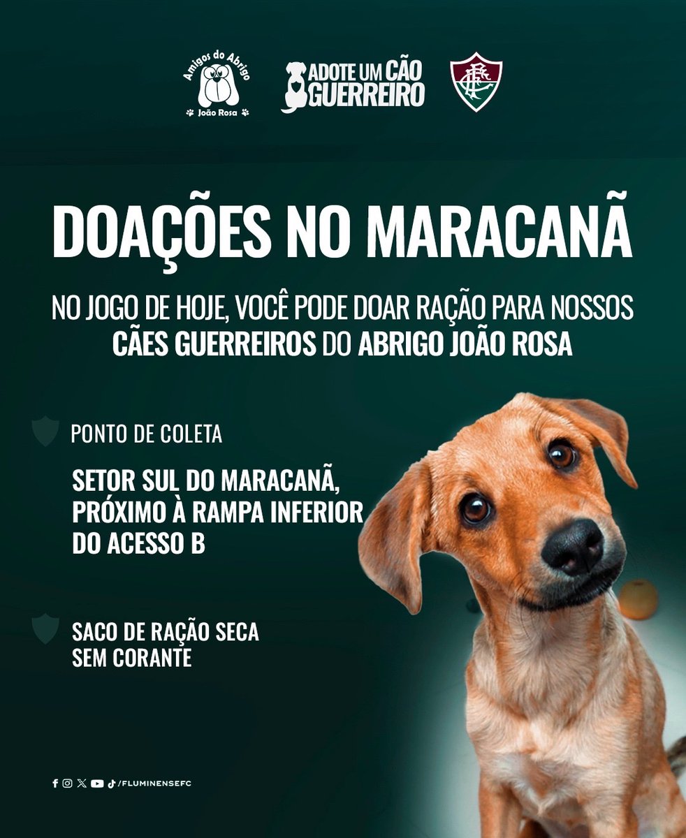 FluminenseFC's tweet image. ADOTE UM CÃO GUERREIRO! 🐶🇭🇺

Na partida de hoje, Fluminense e @SaoPauloFC se unem no Maraca para incentivar a adoção responsável, junto do @abrigojoaorosa!

Quer ajudar? Traga sua doação de ração seca sem corante no setor sul do Maraca, próximo à rampa inferior do acesso B!…