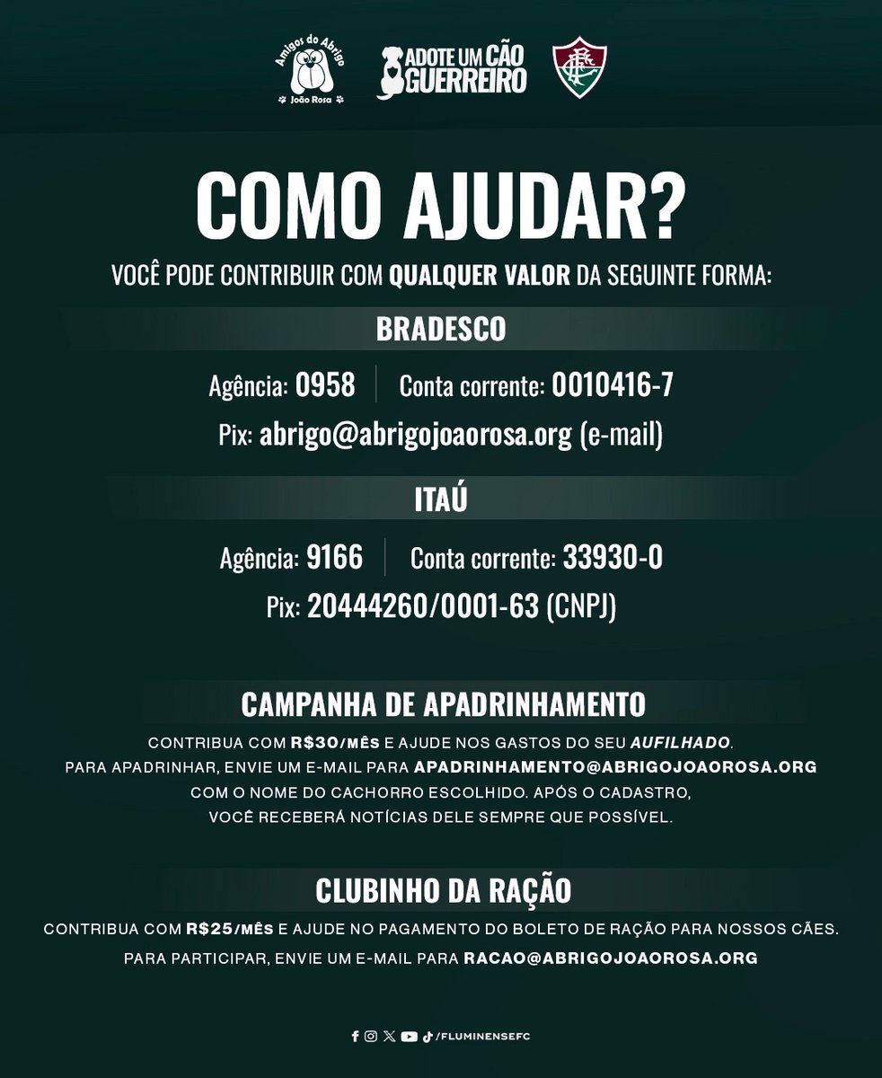 FluminenseFC's tweet image. ADOTE UM CÃO GUERREIRO! 🐶🇭🇺

Na partida de hoje, Fluminense e @SaoPauloFC se unem no Maraca para incentivar a adoção responsável, junto do @abrigojoaorosa!

Quer ajudar? Traga sua doação de ração seca sem corante no setor sul do Maraca, próximo à rampa inferior do acesso B!…