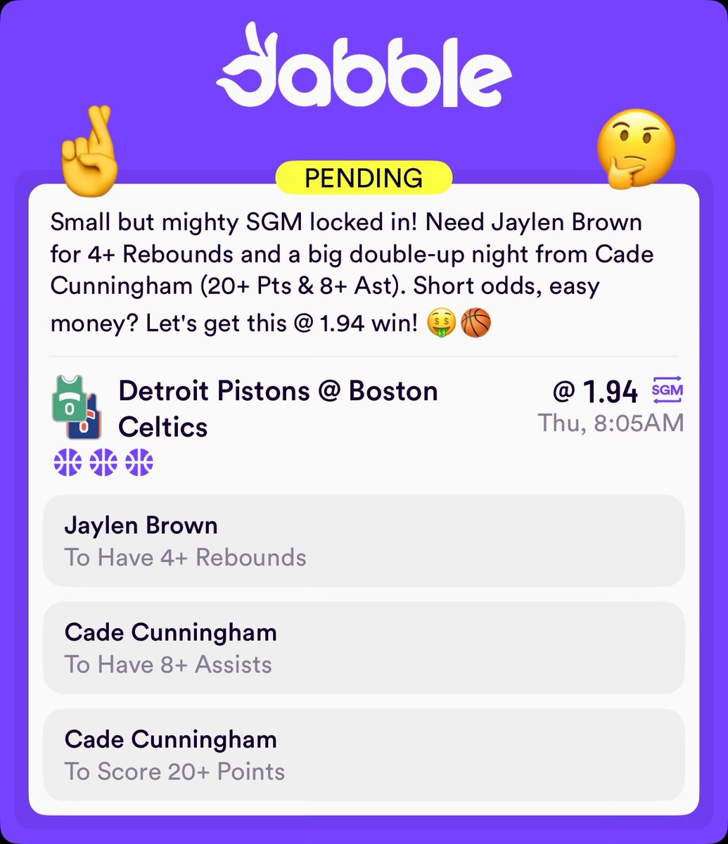 ClarkinBets's tweet image. Small but mighty SGM locked in! Need Jaylen Brown for 4+ Rebounds and a big double-up night from Cade Cunningham (20+ Pts &amp;amp; 8+ Ast). Short odds, easy money? Let's get this @ 1.94 win! 🤑🏀

#NBABetting #Celtics #Pistons #SGM

click.dabble.com.au/gnUM/j8vp5dfh