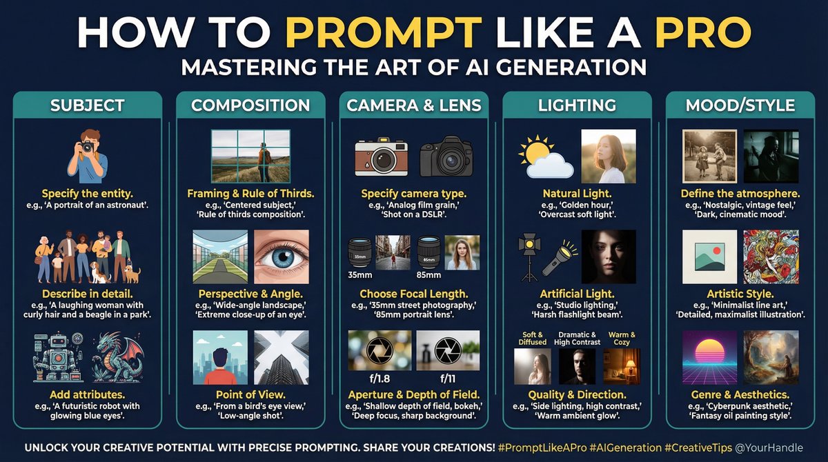 CharaspowerAI's tweet image. A quick and super useful prompt with Banana Pro 🍌⚡ made in Firefly Board
Simple, clean, and always delivers.
📌 Bookmark this one.

A bold infographic poster titled &quot;HOW TO PROMPT LIKE A PRO&quot; in capital letters. The design is divided into 5 vertical columns with labeled…