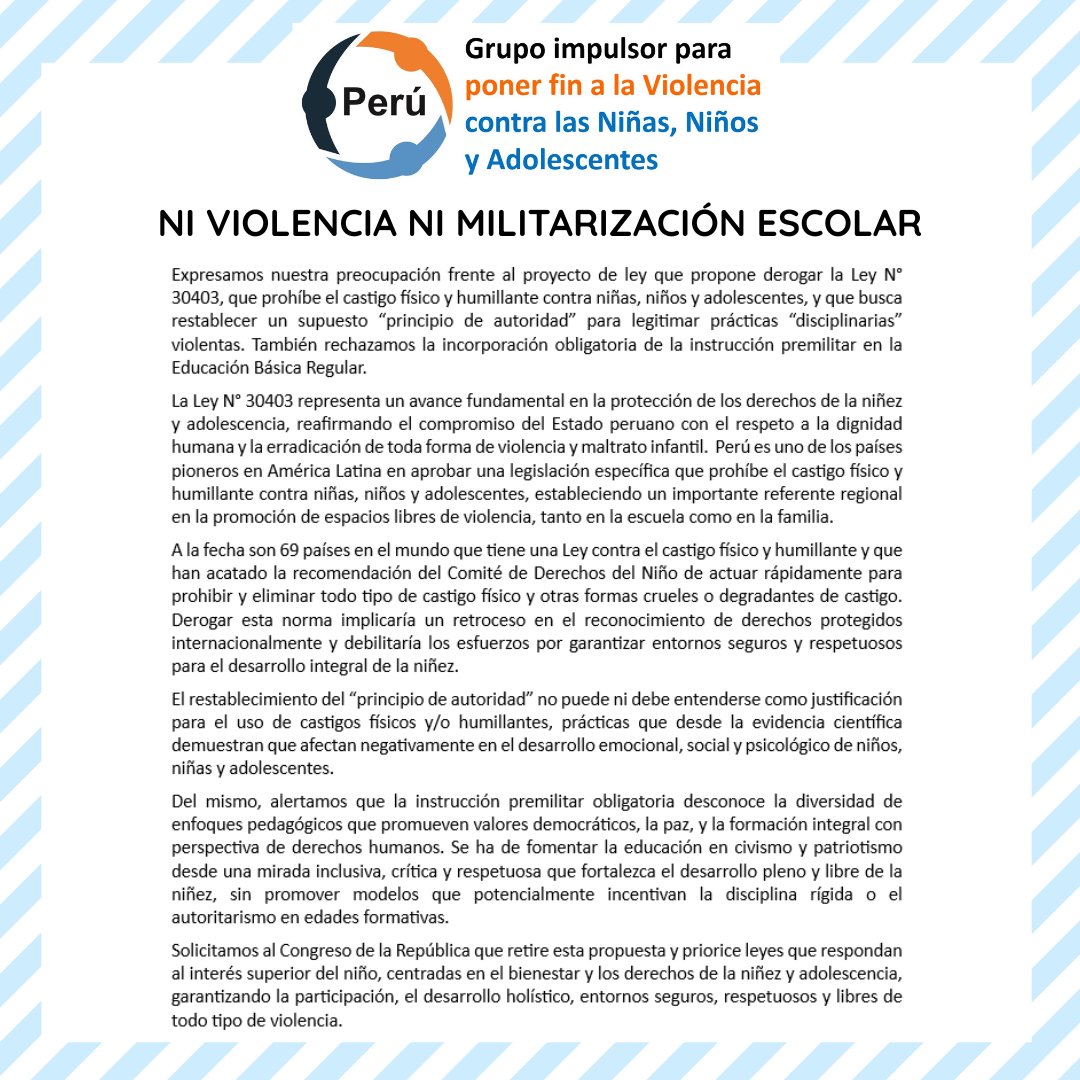 📣"Ni Violencia Ni Militarización Escolar".
Niñas, niños y adolescentes organizados incidieron para que el Estado peruano 🇵🇪 aprobara, en 2015, la ley que elimina el castigo físico y humillante. Hoy, el <a href="/congresoperu/">Congreso del Perú 🇵🇪</a> quiere derogarla (P.L. 13300) 
¿Y el interés superior del Niño?