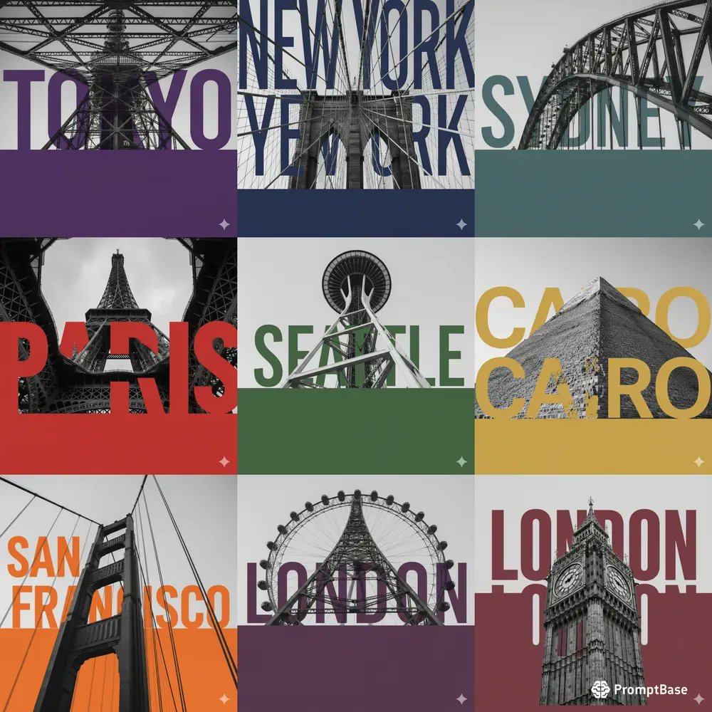 promptbase's tweet image. Landmark Travel Posters Bold Typographs by klay using Gemini Image 🗺️✈️