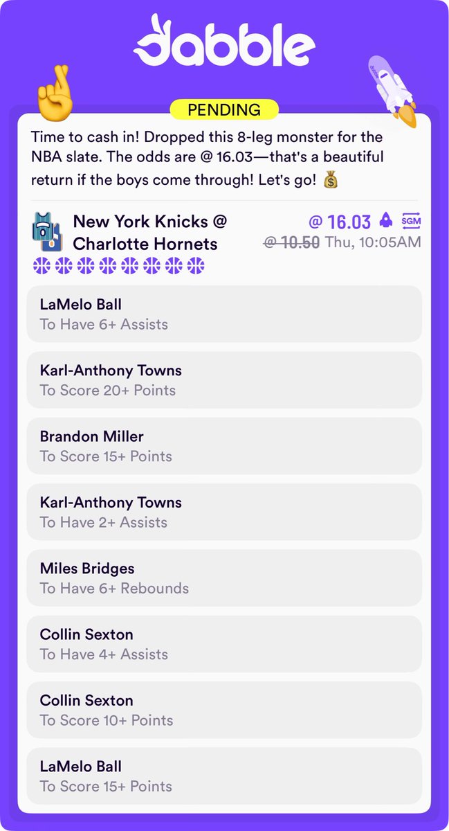 ClarkinBets's tweet image. 8-leg @ 16.03 SGM is LOCKED IN on @dabbleapp! We need big nights from LaMelo, KAT, and Bridges. Hit that PENDING button! 🤞🤑

#NBA #PlayerProps #Parlay

click.dabble.com.au/gnUM/l1pbkqv8