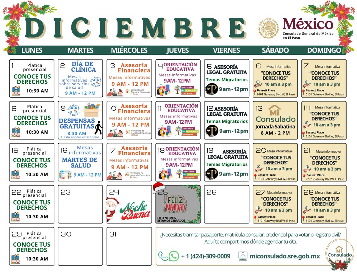 📅✨ Consulta el calendario de actividades de #Diciembre.

Durante todo el mes tendremos pláticas de #ConoceTusDerechos, #AsesoríasLegales, financieras, educativas, mesas de salud, despensas y jornada sabatina.

#ConsuladosContigoMX #PorNuestrosConnacionales #ProtecciónConsularMX
