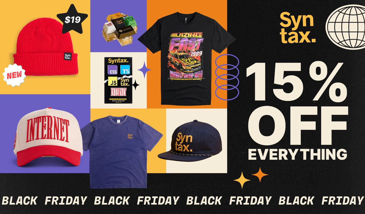 syntaxfm's tweet image. All Syntax merch is 15% off with code BLACKFRIDAY15

sentry.shop

(newsletter subscribers get 20% syntax.kit.com/blackfriday)