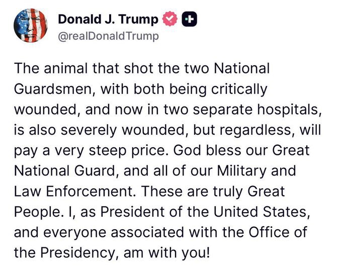 johnnylawfiveO's tweet photo. New video captures chaotic aftermath of downtown D.C. shooting that killed two National Guard troops near White House; suspect in custody.

The President put out at statement on this animal.  

#WashingtonDC #nationalguard https://t.co/KNhLWYcaG6