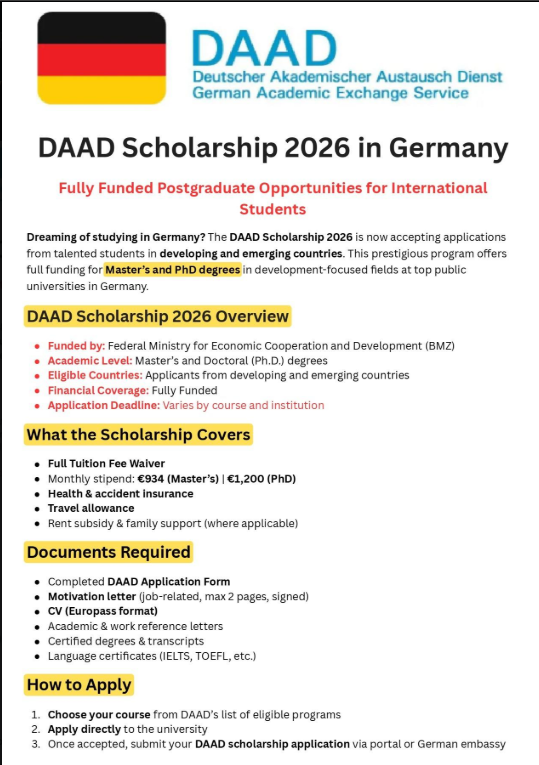 HATEGEKIMA6155's tweet image. 🚨 DAAD Scholarship Germany 2026 is NOW OPEN! 🇩🇪
✅ FULLY FUNDED
💰 €934-€1,200/month stipend
🎓 Master&apos;s &amp;amp; PhD programs
🌍 ALL nationalities eligible

Full tuition + health insurance + travel allowanc
Apply: lightofengineer.blogspot.com/2025/11/daad-s…
#DAADScholarship #StudyInGermany #FullyFunded