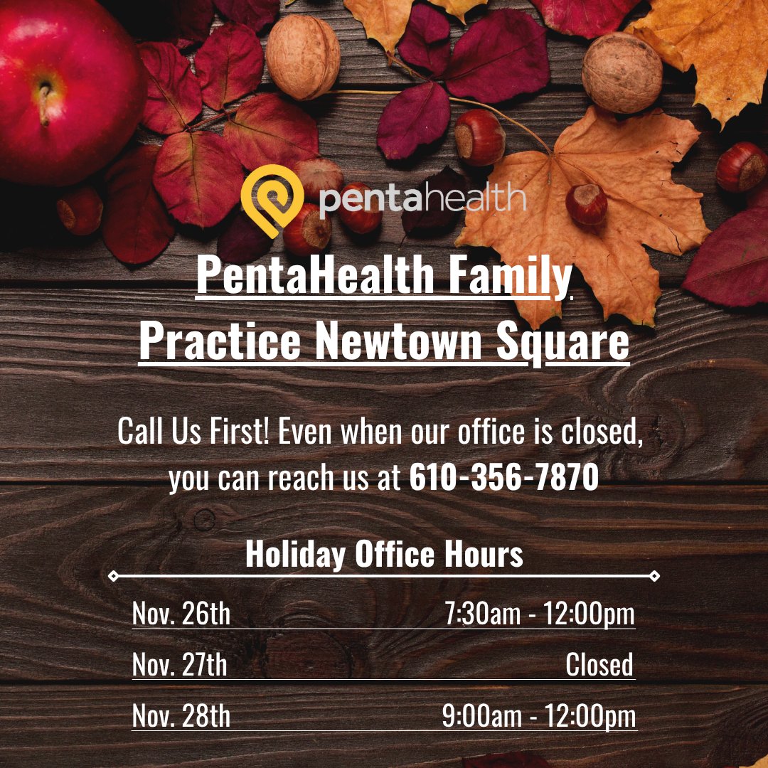 phdocs's tweet image. Wishing you and your family a wonderful Thanksgiving! Here are changes to our office hours due to the holiday. (1/2) 

#pentahealth #holidayhours