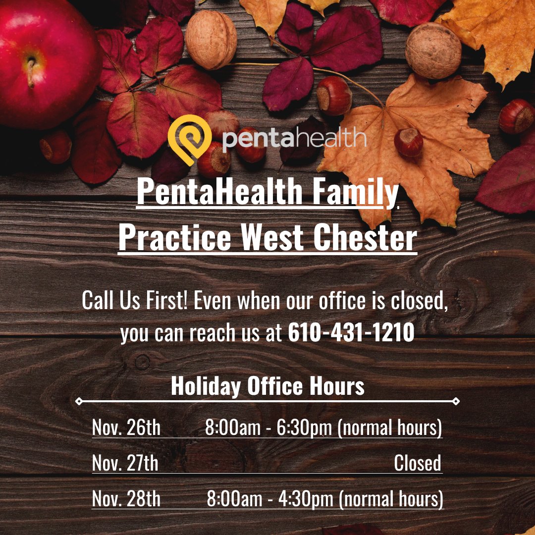 phdocs's tweet image. Wishing you and your family a wonderful Thanksgiving! Here are changes to our office hours due to the holiday. (1/2) 

#pentahealth #holidayhours