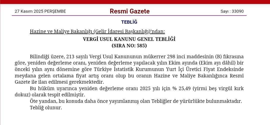 Yeniden Değerleme Oranı %25,49 olarak resmileşti.