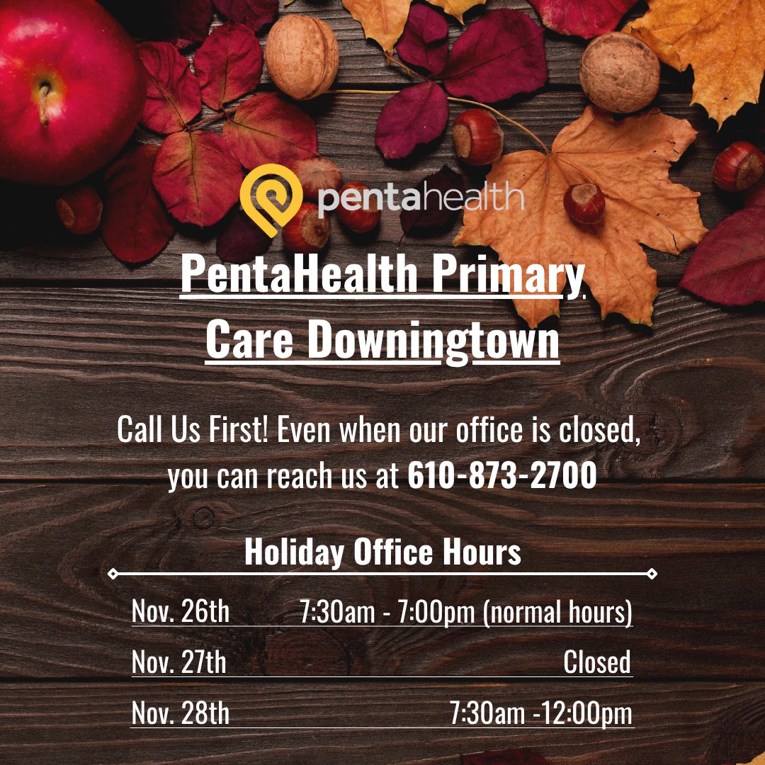 phdocs's tweet image. Wishing you and your family a wonderful Thanksgiving! Here are changes to our office hours due to the holiday. (2/2)

#pentahealth #holidayhours
