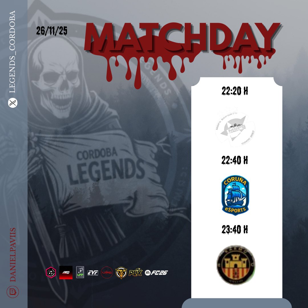 ⚽️MATCH DAY 26/11/25⚽️

🏆 | <a href="/VPCL_Spain/">VPCL España</a> 🆚 <a href="/MSFSesports/">MSFSesports</a> ⏰22:20H

🏆| <a href="/AFJLeague/">AFJ España 🇪🇸 🎮</a> 🆚 <a href="/CorunaeSports/">Coruña eSports</a> ⏰22:40H

🏆| <a href="/CPG__eSports/">Competitive Pro Gaming</a> 🆚 #KarmoEsports ⏰23:40H

📺 <a href="/danielpaviis/">Daniel pavon</a>
#CDL #Fc26 #fifa #clubespro