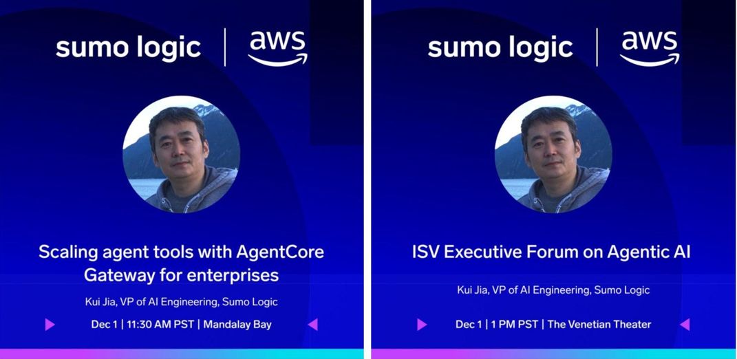 vmblog's tweet image. Kui Jia of @SumoLogic will join #AWS on stage at #AWSreInvent. Scaling agent tools with AgentCore Gateway for enterprises, Mandalay Bay, Dec 1 at 11:30 am &amp;amp; ISV Executive Forum on #AgenticAI, The Venetian Theater, Dec 1 at 1 pm. Get it on your schedule.