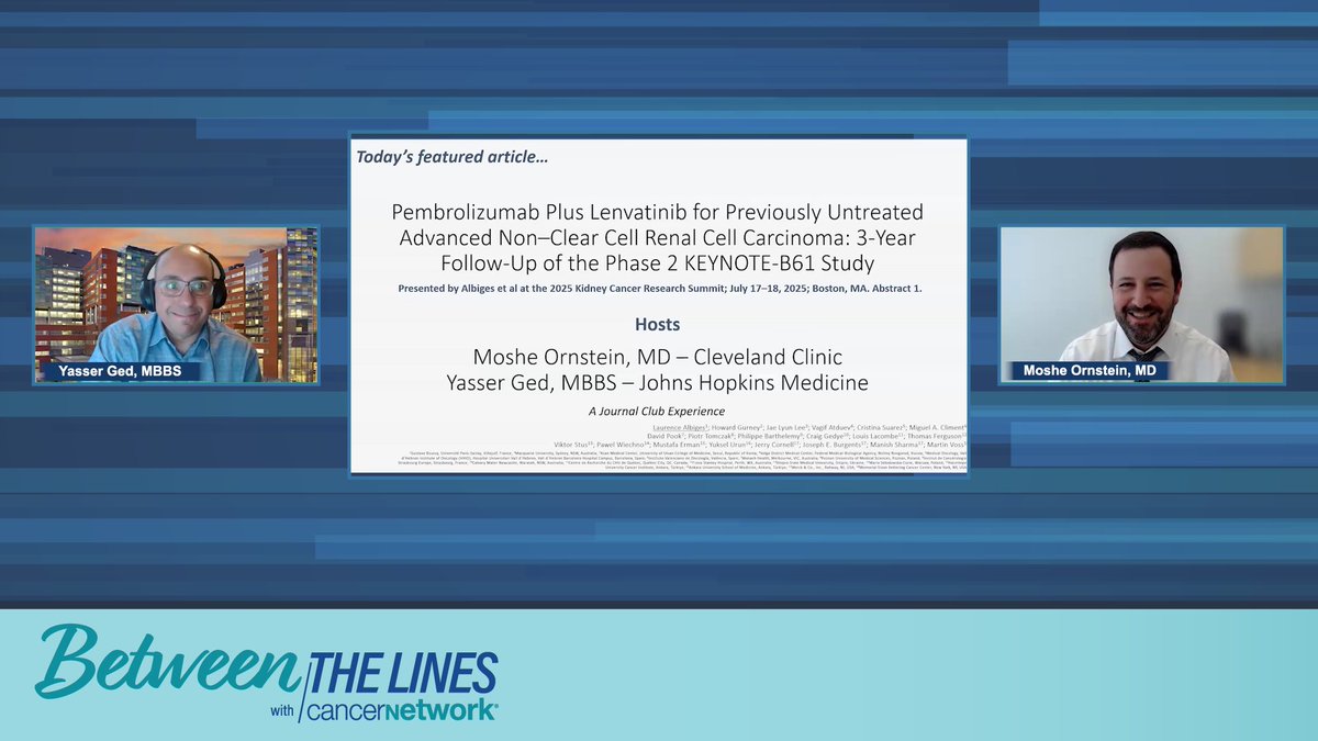 CancerNetwrk's tweet image. The KEYNOTE-B61 trial reports ORR 50.6% and DCR 82% with pembrolizumab + lenvatinib in previously untreated non–clear cell RCC—showing activity across chromophobe, papillary, and unclassified subtypes.

Featuring Moshe Ornstein, MD, MA, of @ClevelandClinic, and Yasser Ged, MBBS,…