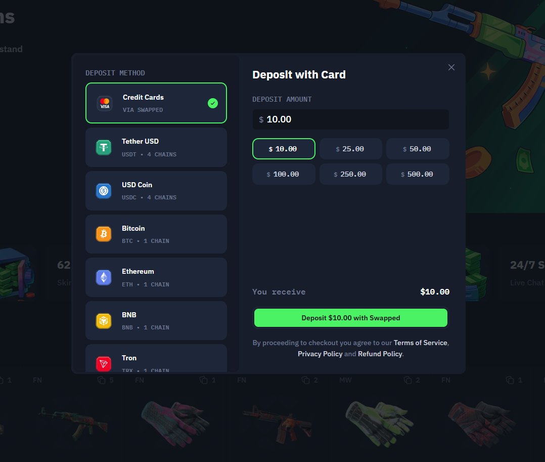 Credit card deposits are now live on Skins through Swapped!

Stay tuned for bank wire withdrawals and other card payment options 💚