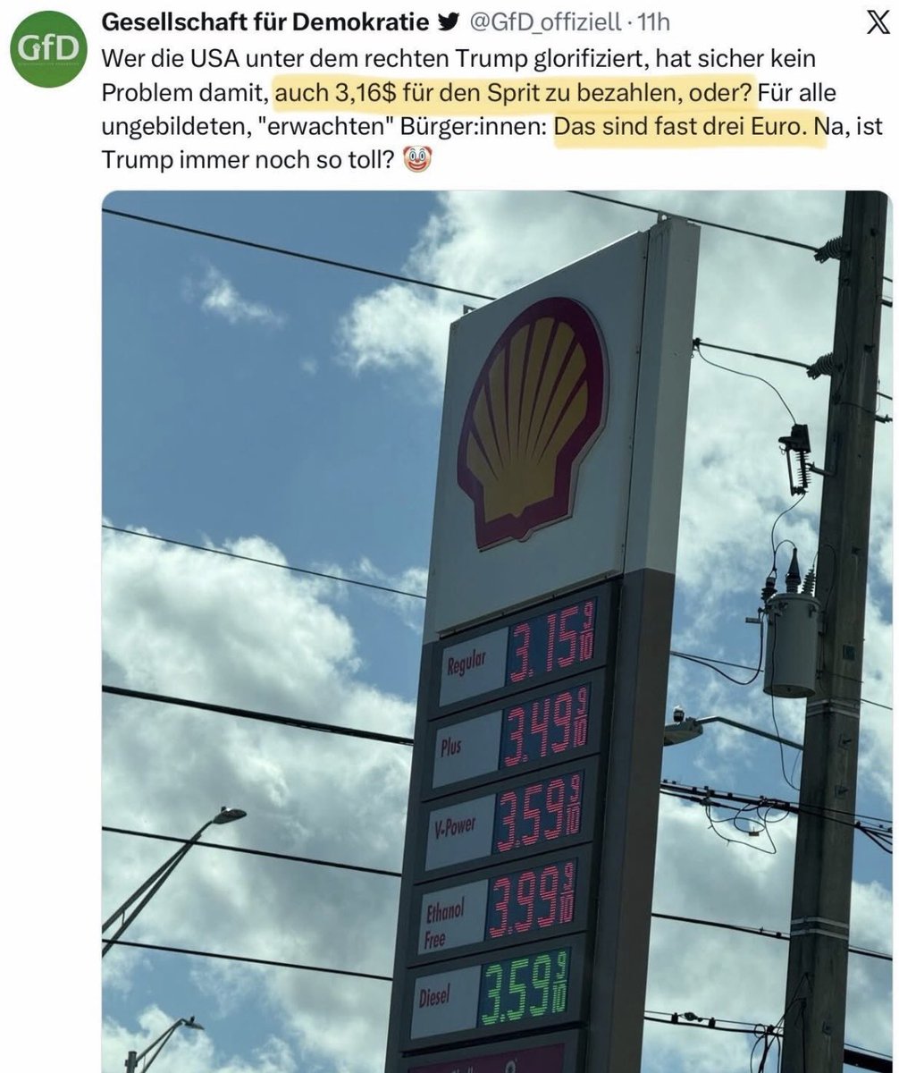 WIE DUMM DARF MAN ALS GRÜNER SEIN❓

In den USA wird Benzin pro Gallone verkauft.

▪️1 US-Gallone ~ 3,8 l
▪️1 Gallone kostet 3,159 US-$
▪️Kurs: 1 US-$ = 0,8626 €

1 Liter Benzin kostet demnach in den USA 0,72 € - damit weniger als die Hälfte, wie in Deutschland.

😂😂😂