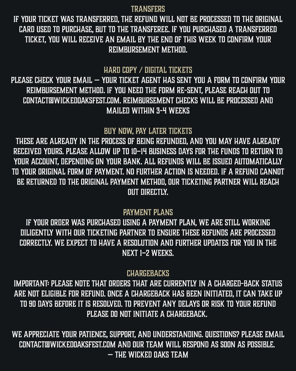 Thank you for your continued patience and understanding following the weather-related disruption to Wicked Oaks. Here is the latest information regarding refunds and reimbursements.