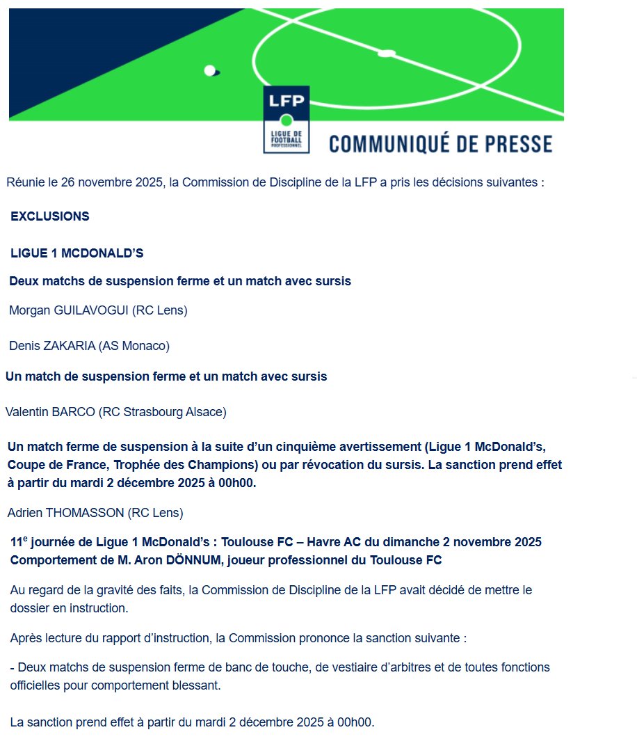 MPGLaurent's tweet image. 🚨COMMISSION DE DISCIPLINE 🚨

Suite à la J13 qui vient de se jouer, la commission de discipline de la #LFP a décidé : 

Les expulsés 🟥:
- Guilavogui #RCL = 2 matchs fermes + 1 avec sursis
- Zakaria #ASM = 2 matchs fermes + 1 avec sursis
- Barco #RCSA  = 1 match ferme + 1 avec…