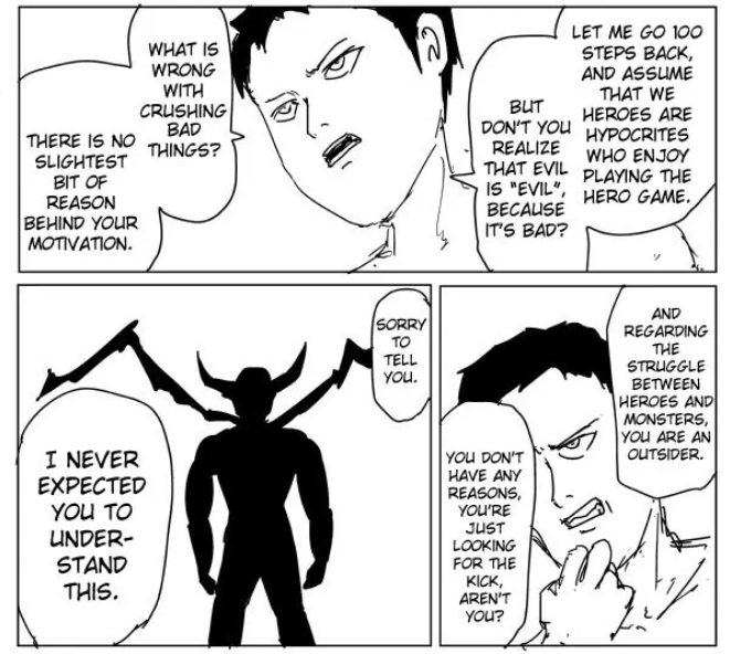 Boli0502's tweet photo. @rerere_no_tsuki This whole part is to show that Garou while making some good points, is still a mentally unstable guy (and an asshole). When Zombieman says something very coherent about his ideals. He doesn't even try to answer him, he goes back to his "uuu I'm a monster" thing https://t.co/GedD3BrUgX