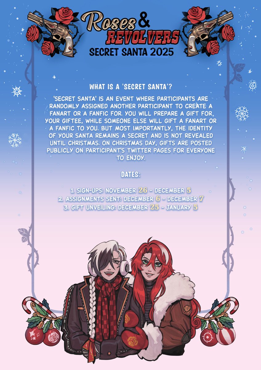 ❅ As the time of festivities gets closer and closer, Roses &amp; Revolvers Secret Santa is ready to open its gates once again!

❅ Welcome to the Roses &amp; Revolvers Secret Santa 2025 hosted by <a href="/thelazyaki/">Aki⋆*⋆☆|hiatus|⋆｡˚ ⋆</a> and designed by <a href="/mrrcharlene/">cyberk1ng 18+</a>
 
❅ #Argenthill #Bootgenti 

------>