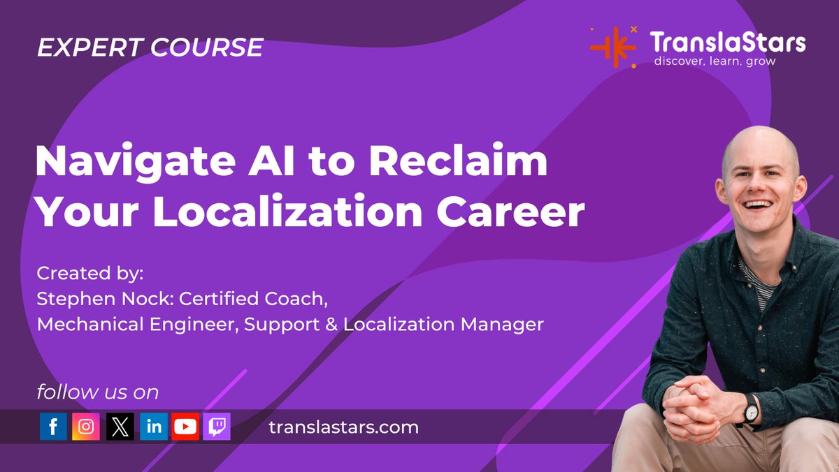 TranslaStars's tweet image. 💡 Worried about how #AI is 𝗿𝗲𝘀𝗵𝗮𝗽𝗶𝗻𝗴 #localization?
Join “AI in Localization” with coach Stephen Nock.

📅 10–11 Feb 2026 - 16:00 CET

✨Understand real vs. perceived change
🧭Clarify your strengths &amp;amp; values
🚀Build a future-ready career plan

👉 translastars.com/course/ai-in-l…