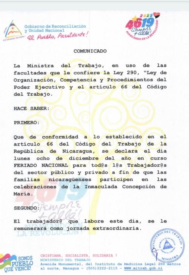 Trabajonica's tweet photo. Trabajadores se les comparte el comunicado acerca del feriado del próximo lunes 8 de diciembre.

@NicaraguaCuenta con @FNT_Nicaragua y @AnaGomez_UNE https://t.co/4hp1WqjkuW