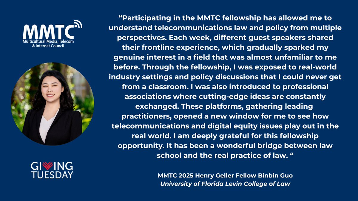 mmtconline's tweet image. Learn about the fellowship experience of MMTC 2025 Henry Geller Fellow Binbin Guo, a 3L @UFLaw.

This year, we are celebrating #GivingTuesday on December 2nd. 

Become our #GivingTuesday partner today &amp;amp; help us train more students in 2026.

DONATE: mmtconline.org/support-mmtc
