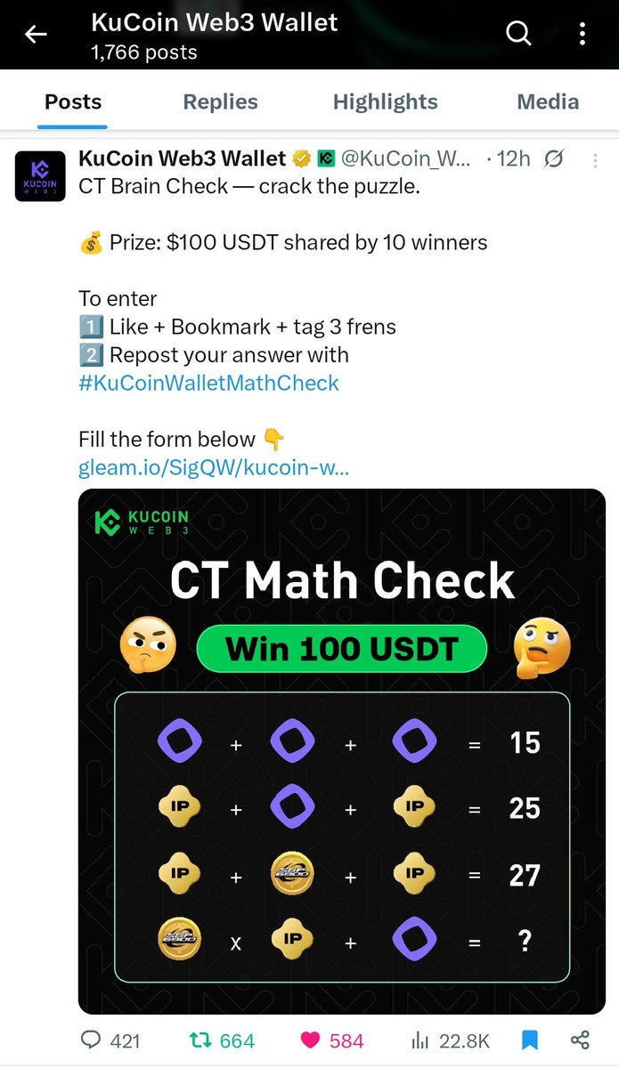 gnugazx's tweet image. I’m dropping 75 here!
Love these brain games 😄

@Pensiunansbobet @yudhi1697 @KuisGratisan

Bookmark ✅ 

#KuCoinWalletMathCheck