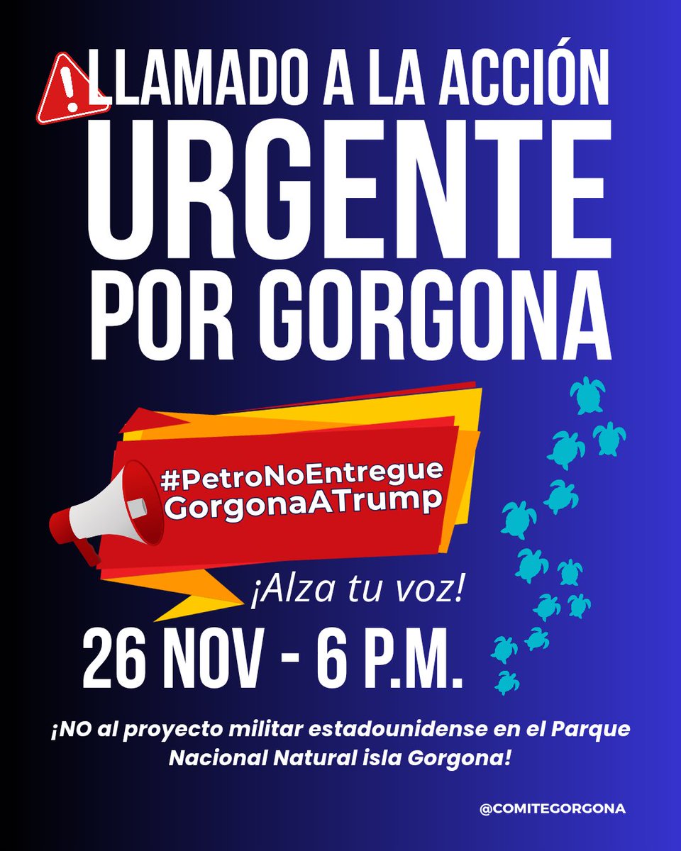 HOY a las 6 p.m. grave denuncia sobre la situación actual en la Isla Gorgona y sus alrededores.

Llamamos a organizaciones y ciudadanos a elevar la presión pública y la movilización para exigir al presidente <a href="/petrogustavo/">Gustavo Petro</a> que cancele el proyecto militar de 🇺🇸 en Gorgona.