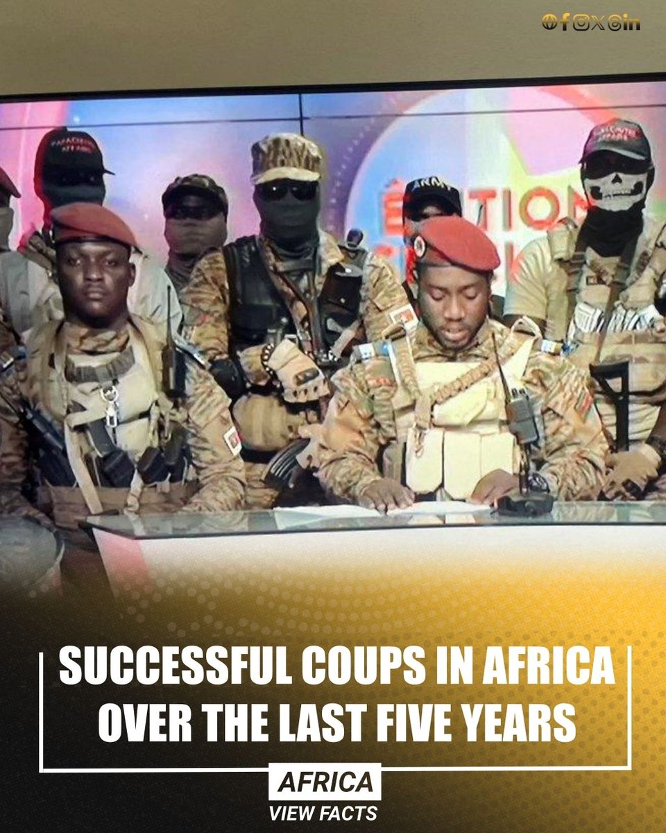 Latest Successful Coups in Africa since 2020

Guinea-Bissau 🇬🇼: 26 Nov 2025 ( Today )
Madagascar 🇲🇬: 12 Oct 2025
Gabon 🇬🇦: 30 Aug 2023
Niger 🇳🇪: 26 Jul 2023
Burkina Faso 🇧🇫: 30 Sep 2022 (counter-coup)
Burkina Faso 🇧🇫: 23 Jan 2022
Sudan 🇸🇩: 25 Oct 2021
Guinea 🇬🇳: 5 Sep 2021
Chad