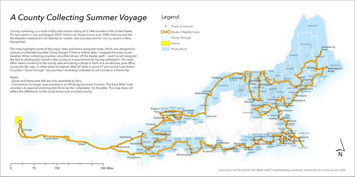 ArcGISPro's tweet image. For the "Transport" themed day of the Challenge, @gplehner used #ArcGISPro to map his 2025 summer county collecting journey, tracking visits towards his goal of collecting all 3,144 U.S. counties! 

#30DayMapChallenge day 26: ow.ly/pgjY50Xypy8