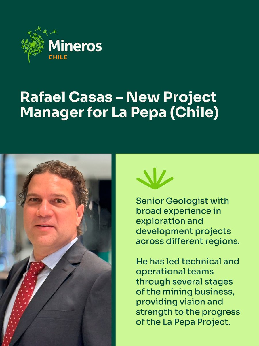 Mineros_sa's tweet image. We welcome Rafael Casas, the new Project Manager of the La Pepa Project in Chile. ✨
Rafael is a Senior Geologist with extensive experience managing exploration and mining development projects across several countries. ⛏️

#Mineros #ResponsibleMining #Leadership
