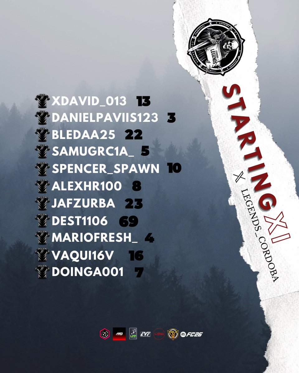 👕 STARTING XI 👕

¡Alineación lista!
Vamos con estas ligas que nos quedan 🔥

🏆<a href="/VPCL_Spain/">VPCL España</a> 
🏆<a href="/AFJLeague/">AFJ España 🇪🇸 🎮</a>  
🏆<a href="/CPG__eSports/">Competitive Pro Gaming</a> <a href="/EVFOfficial_/">Elite Virtual Football</a>  

📺 <a href="/danielpaviiis/">Dani Pavon</a> <a href="/MarioFresh_/">MarioFresh_</a> 

#CDL #fifa #fc26 #clubespro