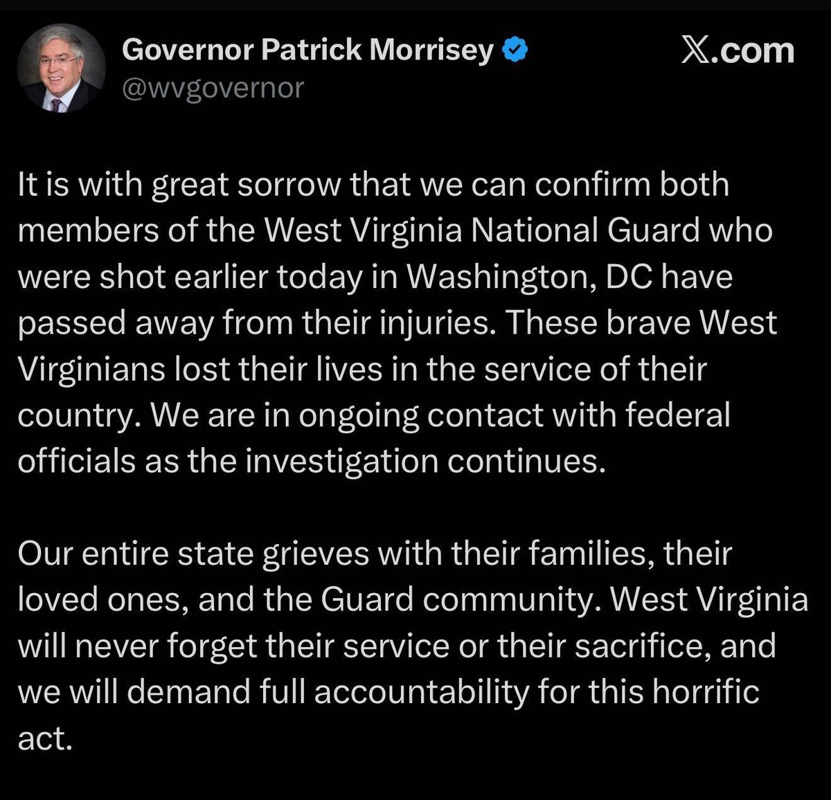 CancelSOAP's tweet image. HEARTBREAKING UPDATE - The Two West Virginia National Guardsmen Shot Near the White House Have Succumbed to Their Injuries. Governor: “Great sorrow… they lost their lives in service to their country.”

All our prayers are with their families.