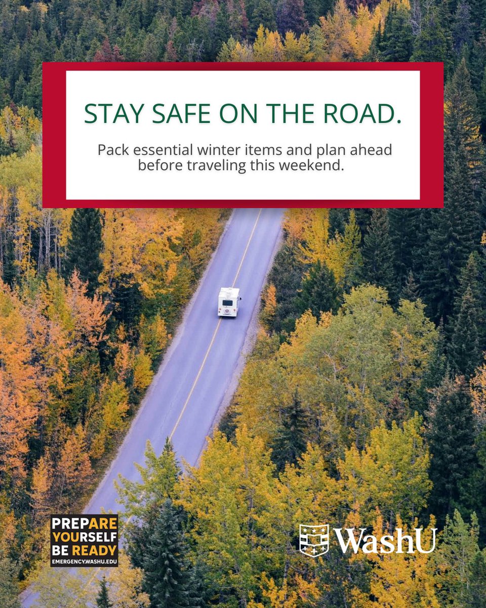 Heading out? Travel smart.
Before you hit the road, review conditions, share your route with someone you trust, and make sure your phone is charged. Extra time and caution go a long way when winter hazards are possible.
Be #WashUReady! #washu #mowx