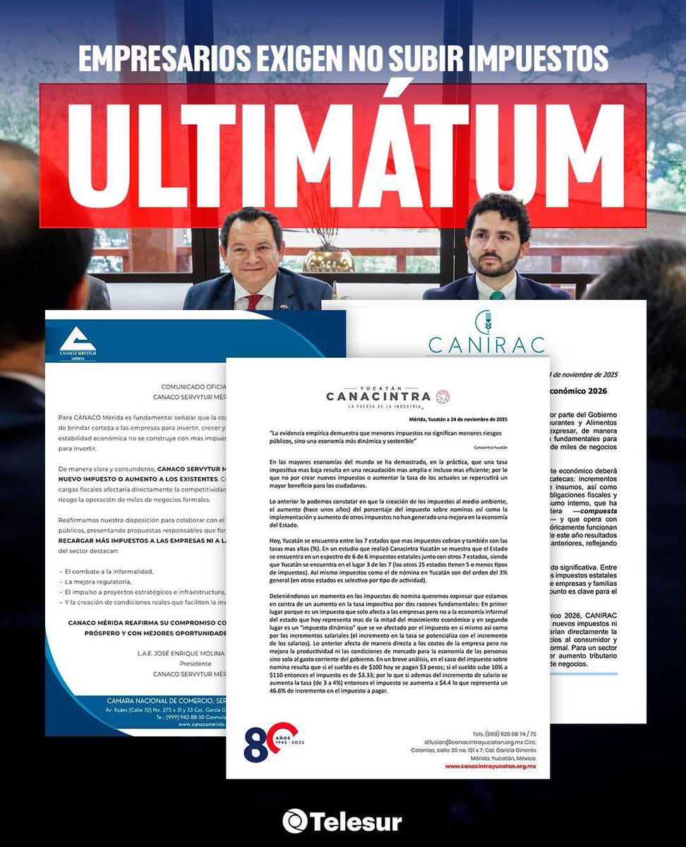GARCIPAVON's tweet image. Empresarios lanzan ultimátum al Gobierno de Yucatán 👇

Canacintra, Canaco Servytur y Canirac, rompieron hoy el silencio y entraron en fase ofensiva de emergencia.

En comunicados simultáneos y con un lenguaje inusualmente directo, exigieron al Gobierno de Yucatán frenar el…