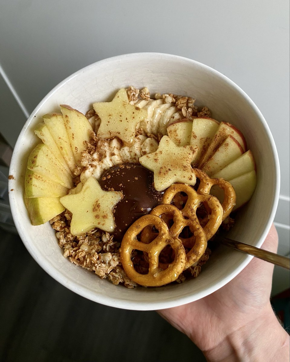 yogurt bowl with banana, apple, granola, pretzels, homemade dark chocolate spread, cinnamon &amp; whimsy
