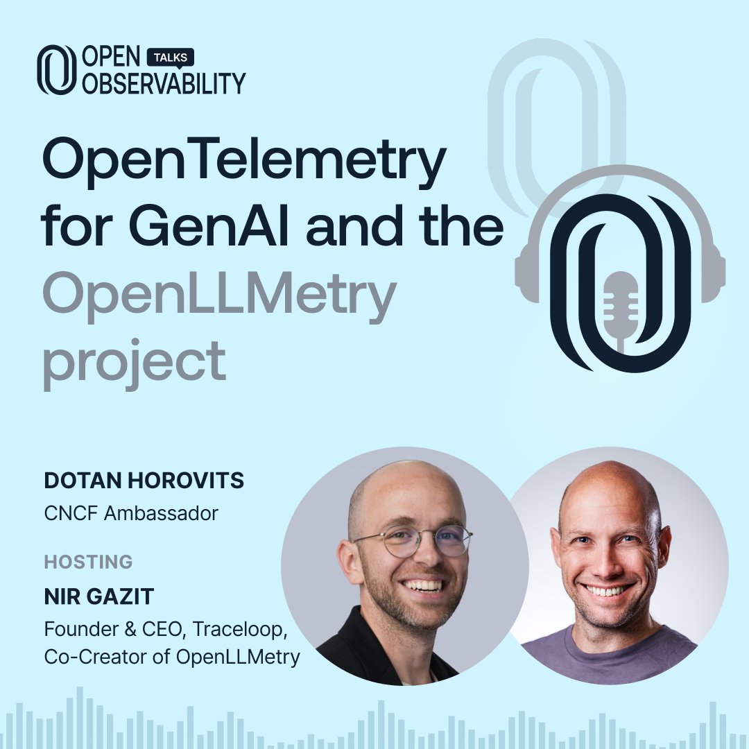 📢 November episode is out! 📢

#OpenTelemetry for #GenAI and the #OpenLLMetry project

With <a href="/horovits/">𝙳𝚘𝚝𝚊𝚗 𝙷𝚘𝚛𝚘𝚟𝚒𝚝𝚜</a> hosting <a href="/nir_ga/">Nir Gazit</a>, co-founder <a href="/traceloopdev/">Traceloop</a> and OpenLLMetry

Listen/Watch:
🎧 podcasters.spotify.com/pod/show/openo…
📺 youtube.com/watch?v=JnQXEM…

Or read the recap:
👉 medium.com/p/81b9cea6a771