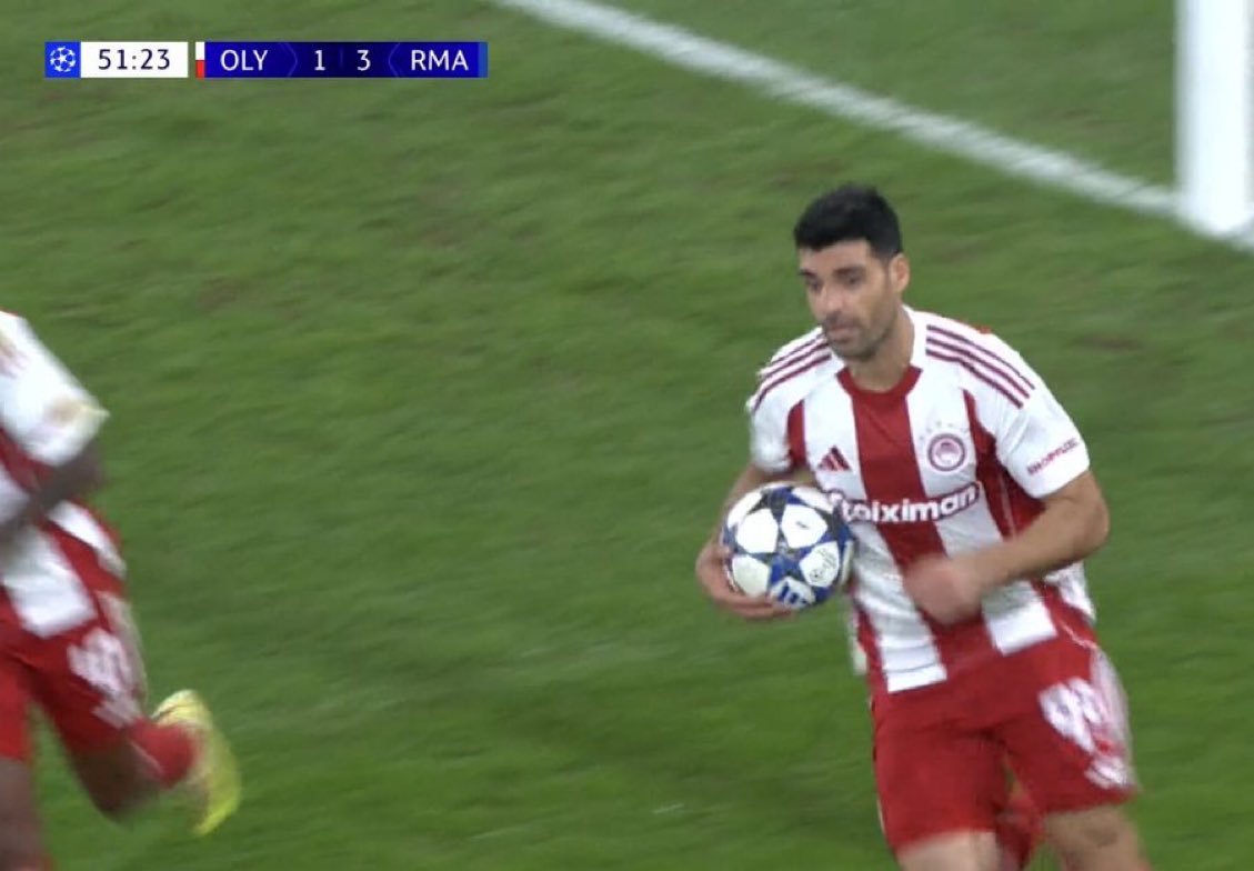 ⏰ — 8' ريال مدريد 0-1 اولمبياكوس

⏰ — 22' ريال مدريد 1-1 اولمبياكوس

⏰ — 24' ريال مدريد 2-1 اولمبياكوس

⏰ — 29' ريال مدريد 3-1 اولمبياكوس

⏰ — 52' ريال مدريد 3-2 اولمبياكوس