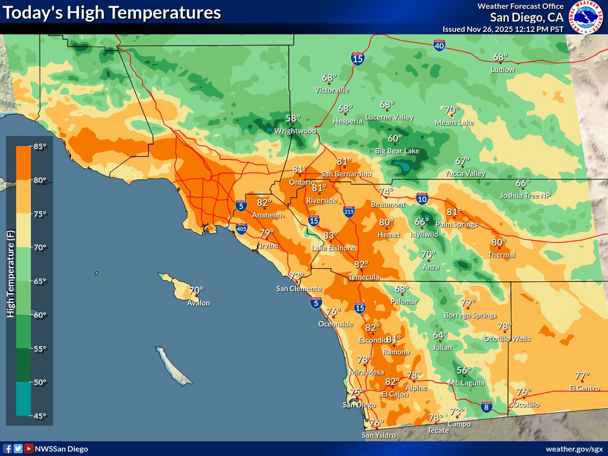 NWSSanDiego's tweet image. The heat peaks today, but temps will quickly fall through the weekend to more seasonable or slightly below normal by Sunday.