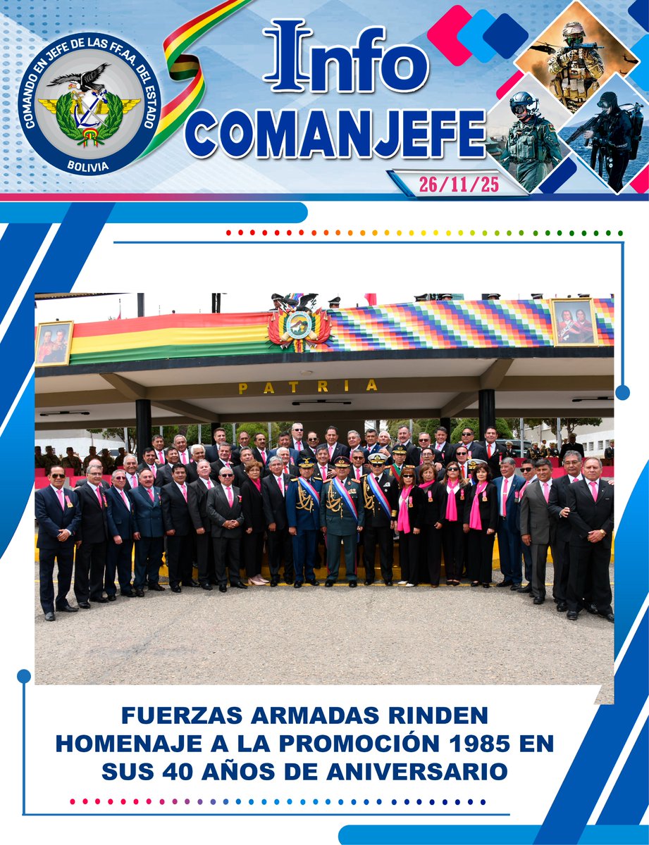 ComandoLas's tweet image. FUERZAS ARMADAS RINDEN HOMENAJE A LA PROMOCIÓN 1985 EN SUS 40 AÑOS DE ANIVERSARIO.
🇧🇴#FFAAContigo #200añosdeservicioalapatria #bicentenariodelasffaa #ejercitodebolivia #armadaboliviana #fuerzaaereadebolivia #bicentenariodebolivia